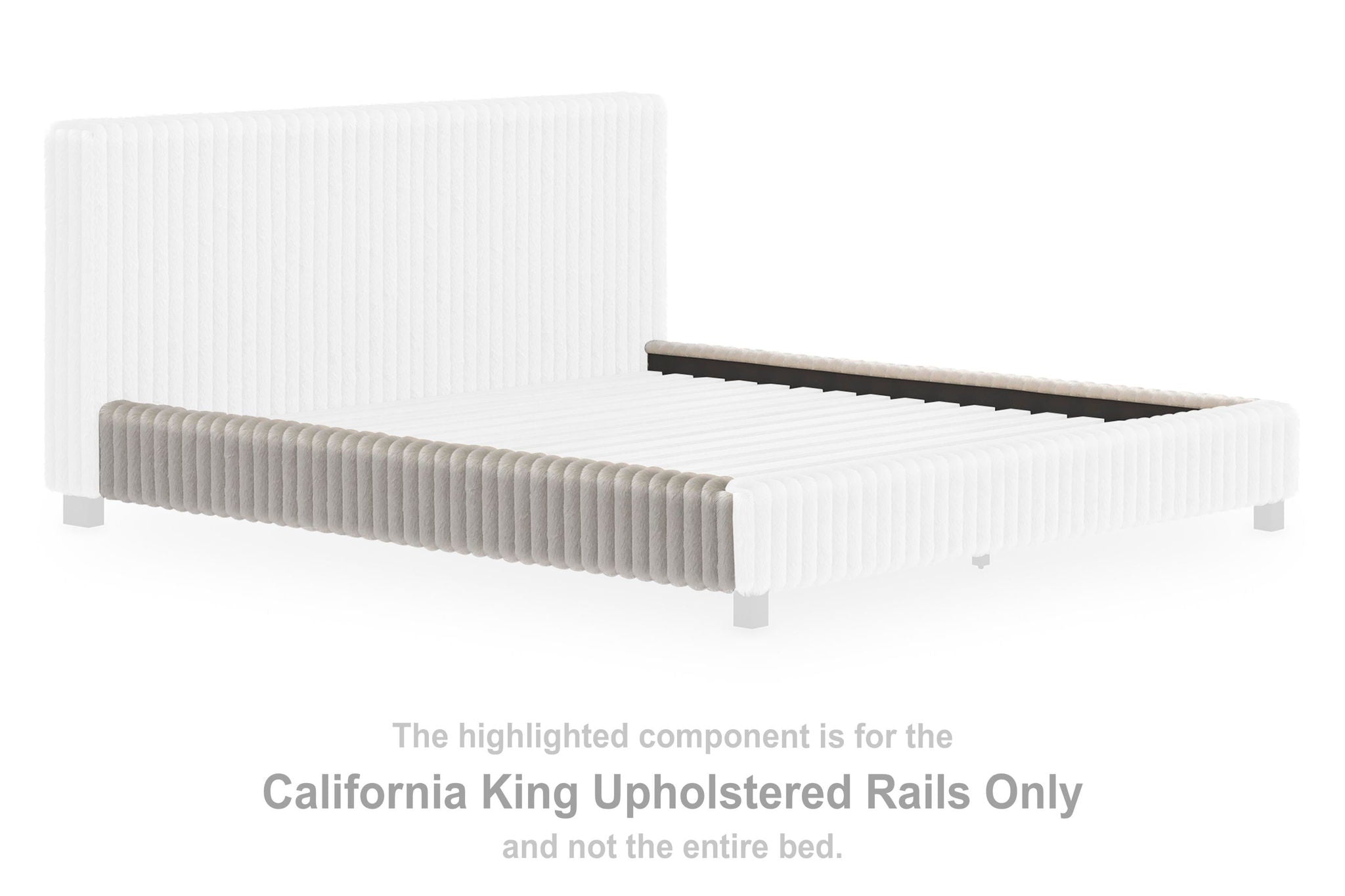 California King upholstered bed rails, light gray fabric with vertical paneling