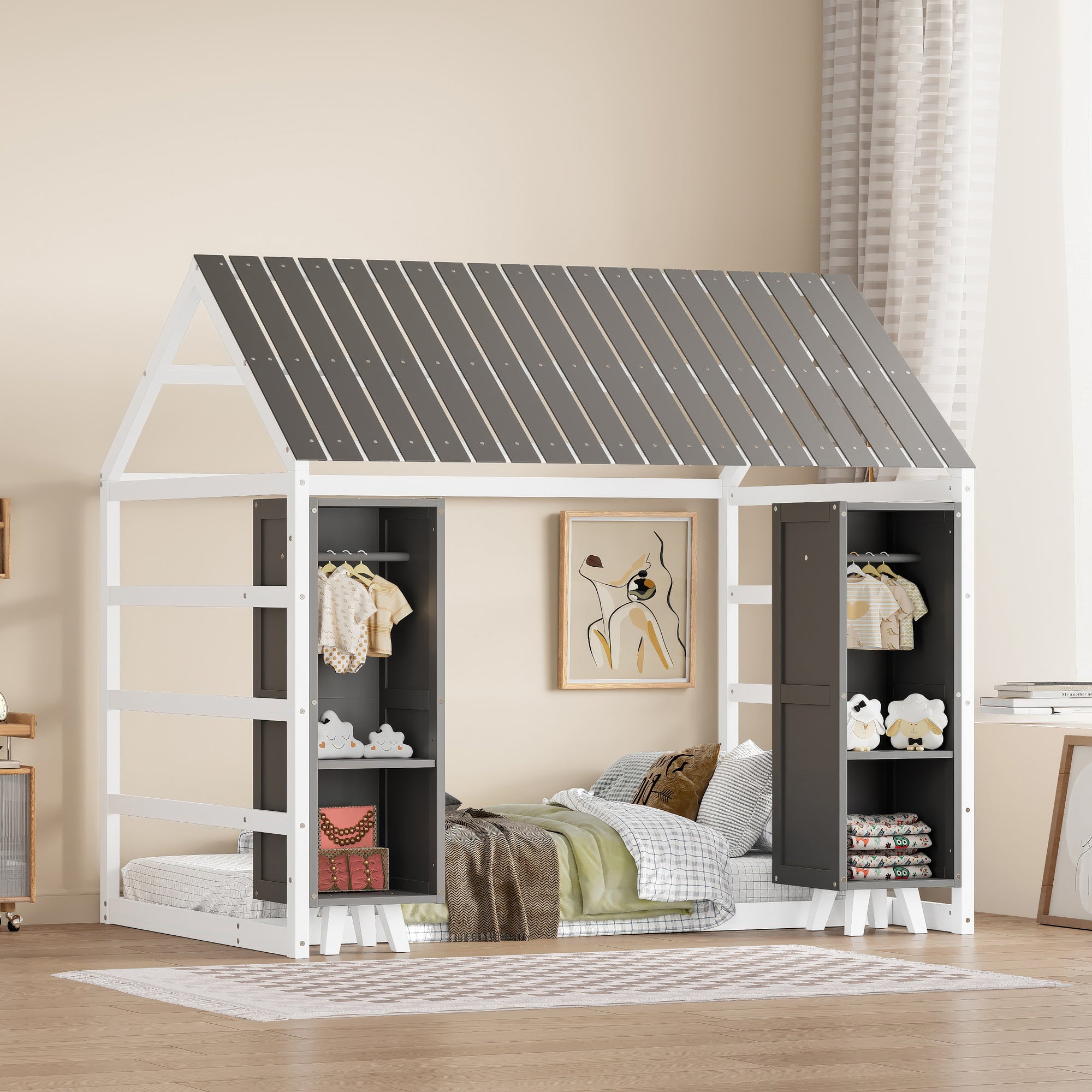 Gray Wooden Twin House Floor Bed w/ Wardrobes, Fence & Roof