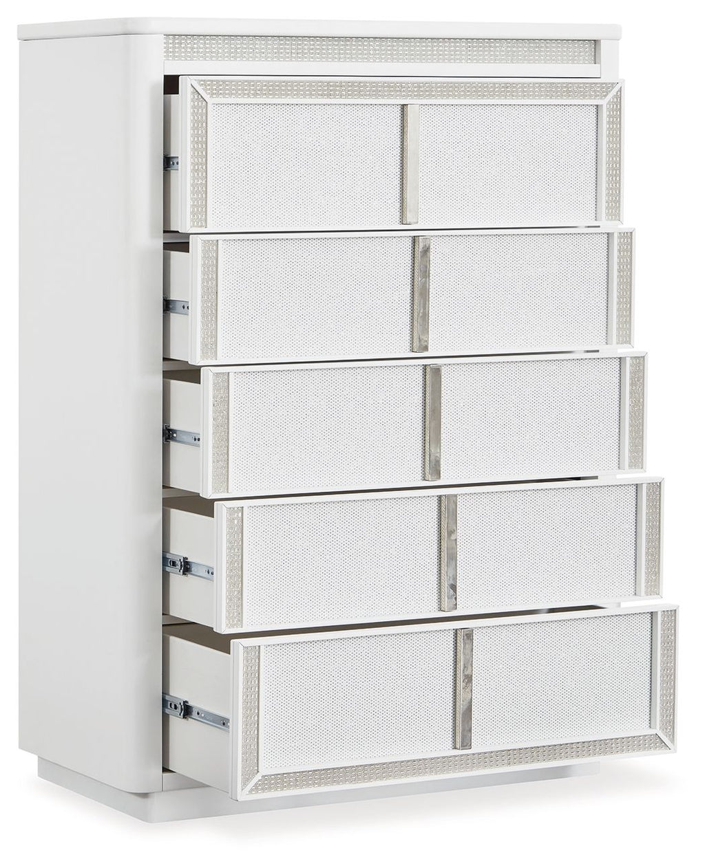 White five-drawer chest shown from the side with drawers partially pulled out