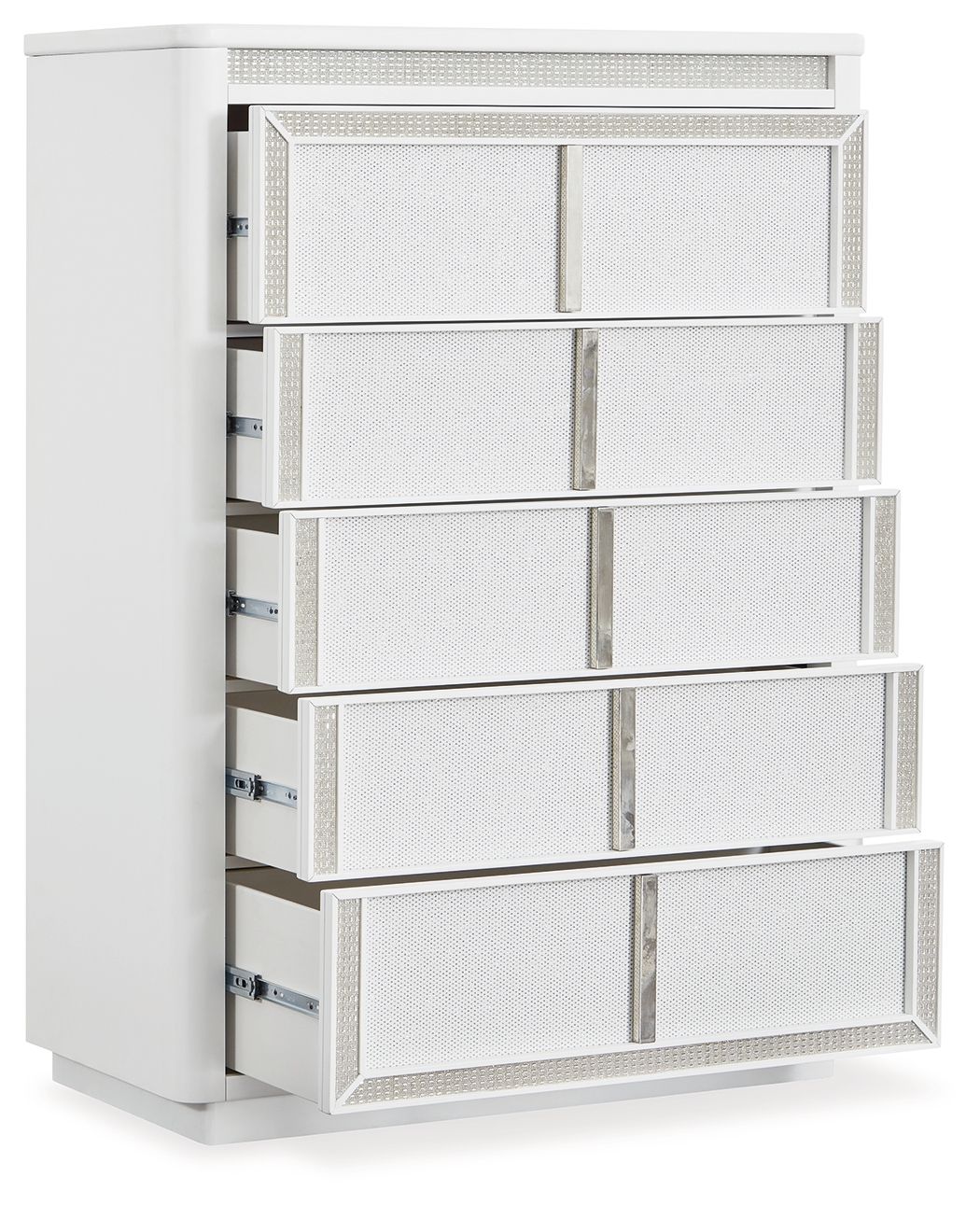 White five-drawer chest shown from the side with drawers partially pulled out