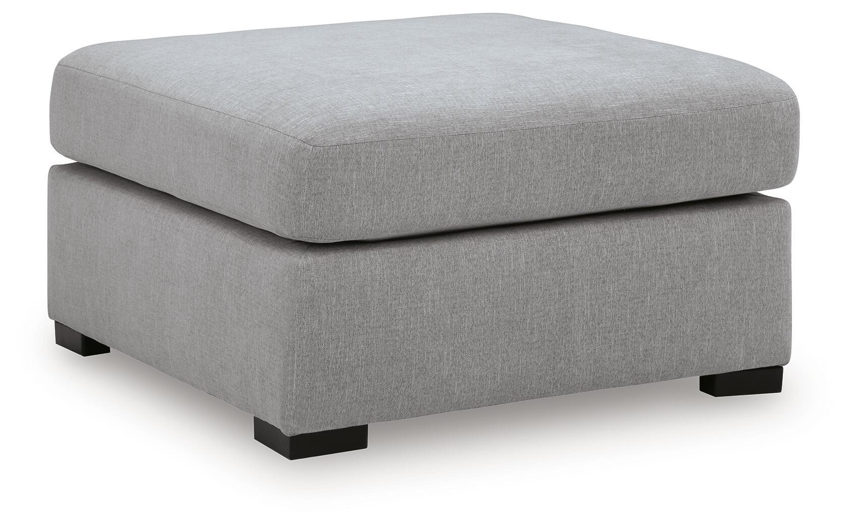 Lakepoint oversized accent ottoman, light gray upholstered with squared top and dark legs