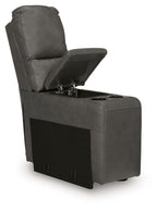 Dark gray console chair with open flip-up storage and cupholder tray