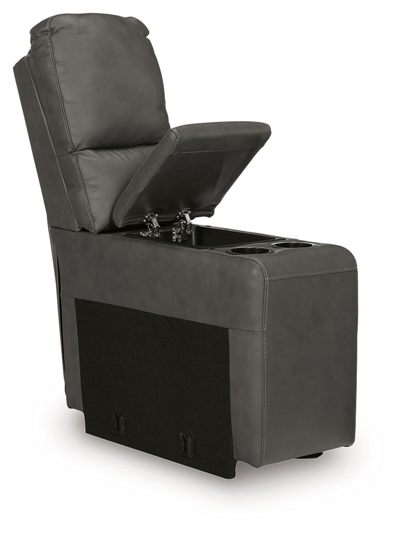 Dark gray console chair with open flip-up storage and cupholder tray