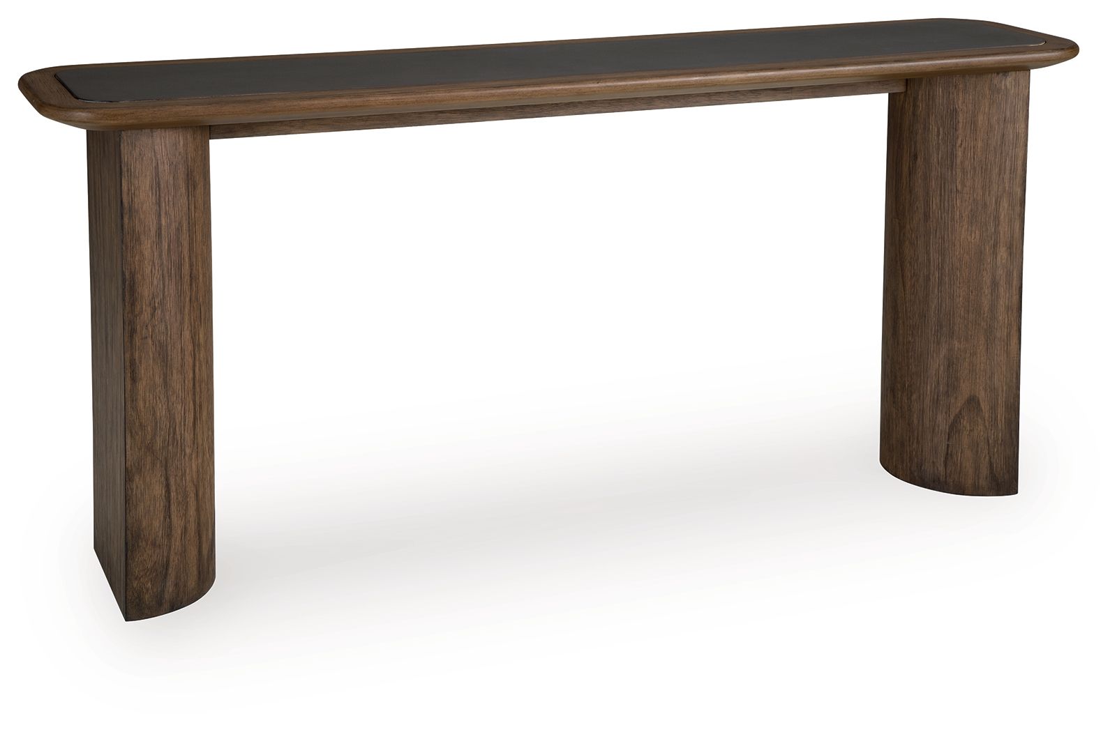 Warm brown wood sofa table with curved edges and tapered legs, rectangular top