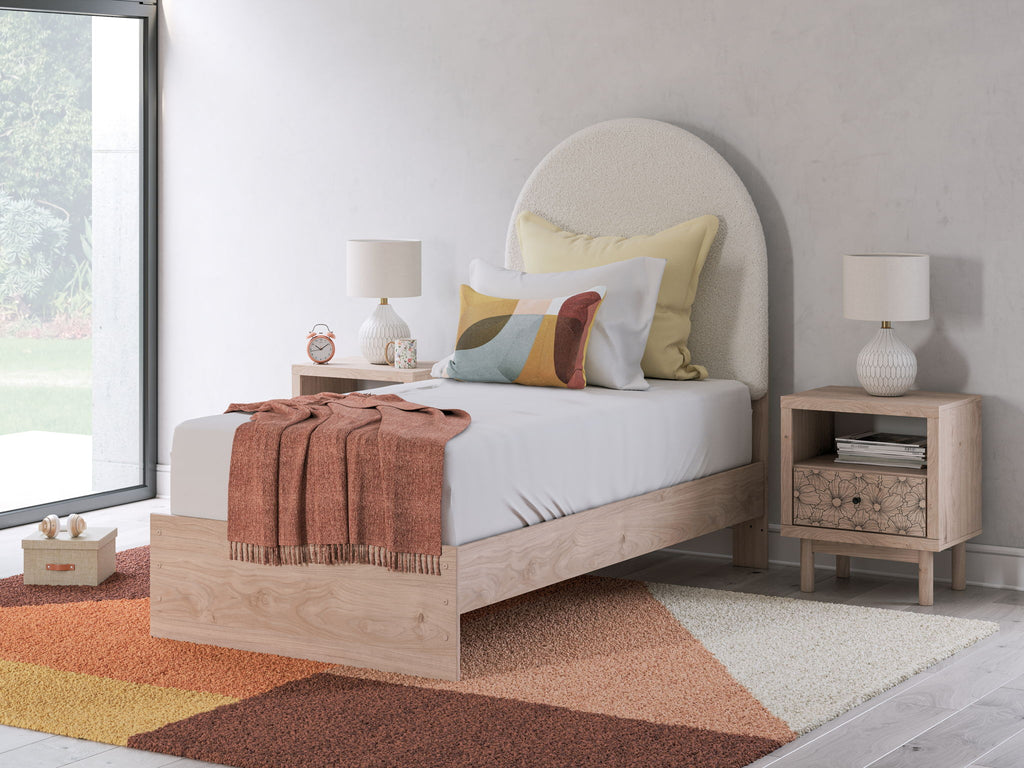 Upholstered panel bed with beige arched headboard, white mattress, front drawer storage