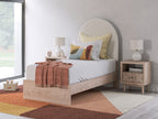Upholstered panel bed with beige arched headboard, white mattress, front drawer storage