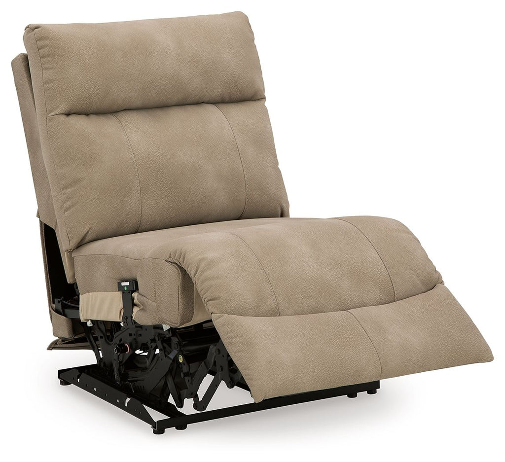 Sand power armless recliner with adjustable headrest, reclined profile, side view