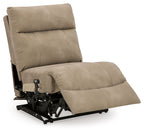 Sand power armless recliner with adjustable headrest, reclined profile, side view