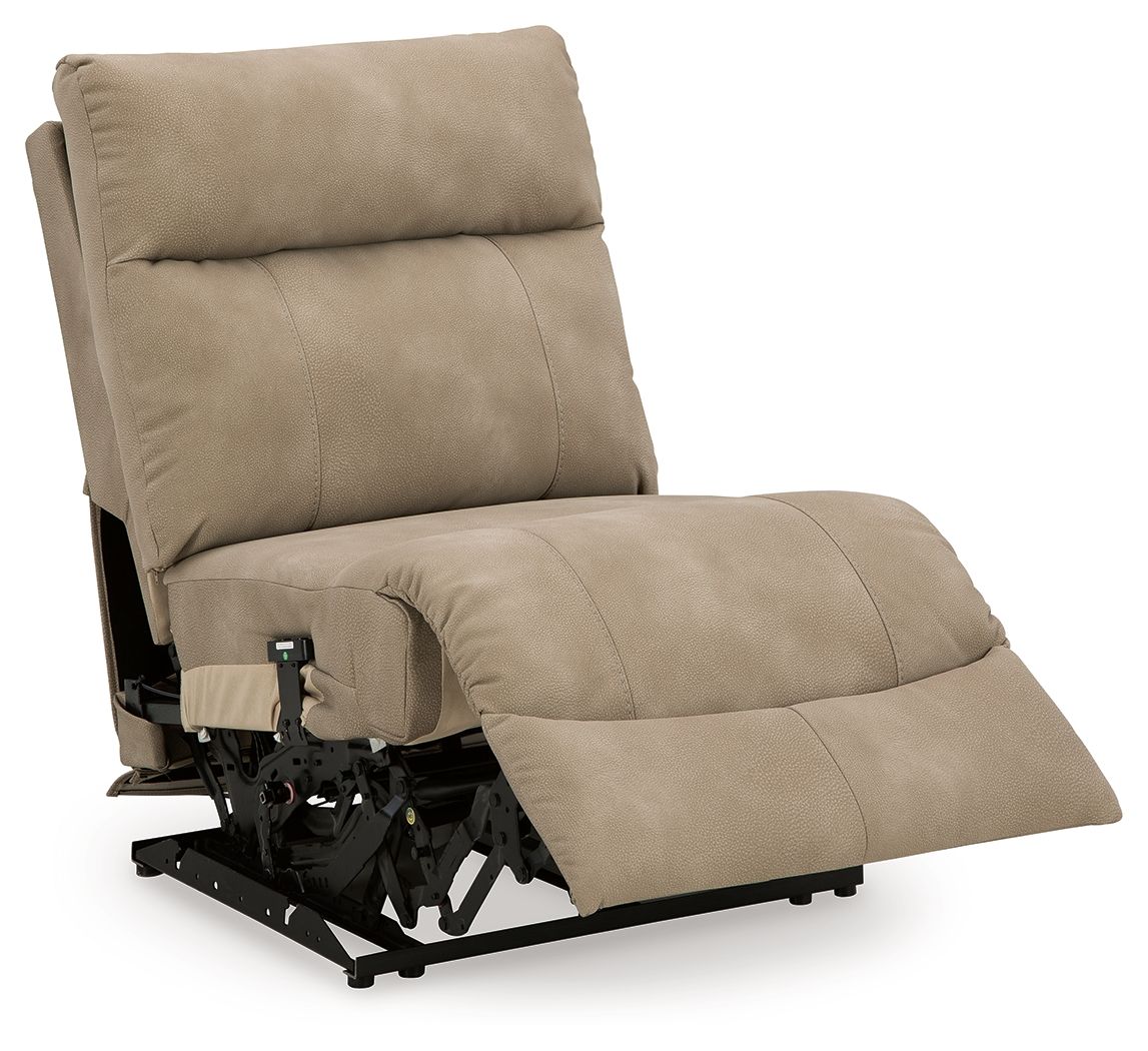 Sand power armless recliner with adjustable headrest, reclined profile, side view