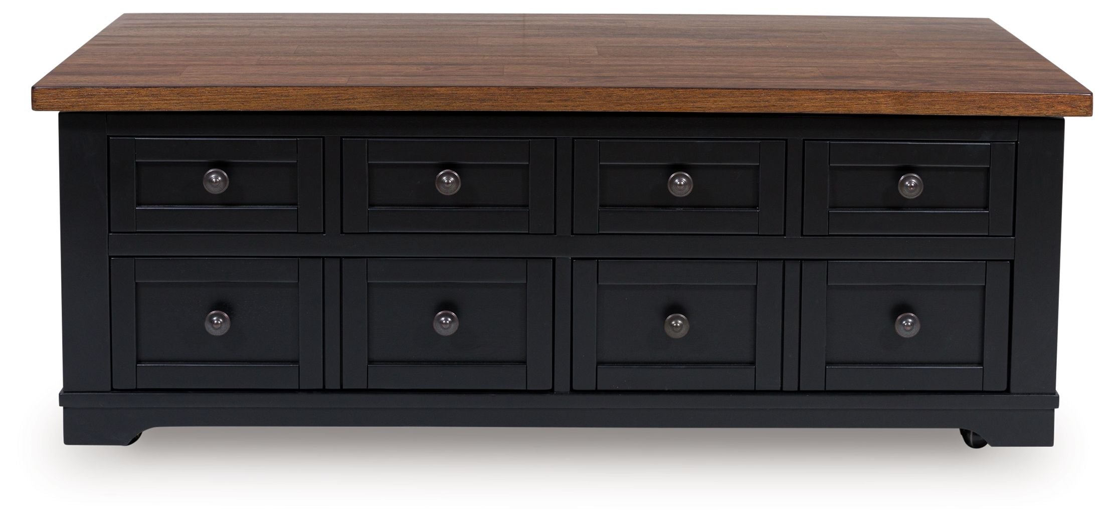 Black lift-top cocktail table with brown top and eight drawer compartments