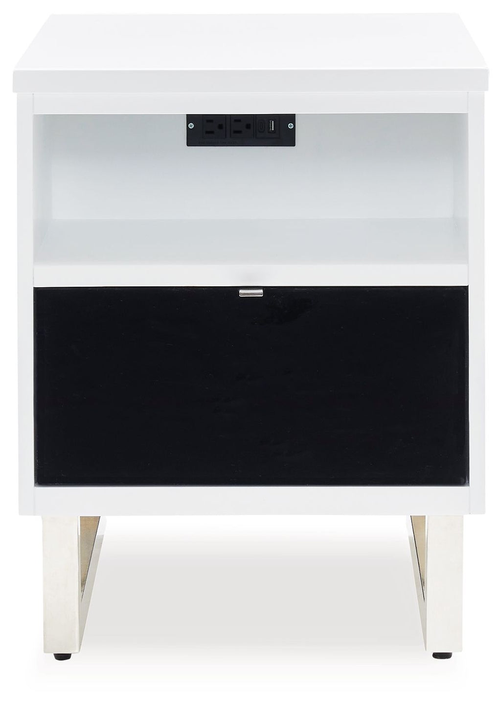 White chair side end table with black drawer and top power outlet strip