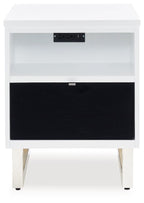 White chair side end table with black drawer and top power outlet strip