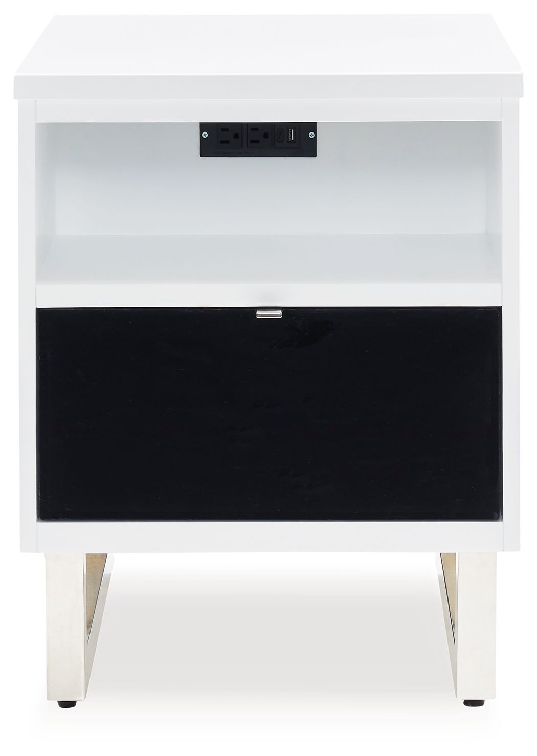 White chair side end table with black drawer and top power outlet strip