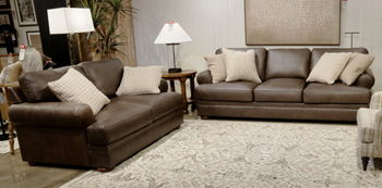 Hickory loveseat in dark brown upholstery with square arms and two back cushions