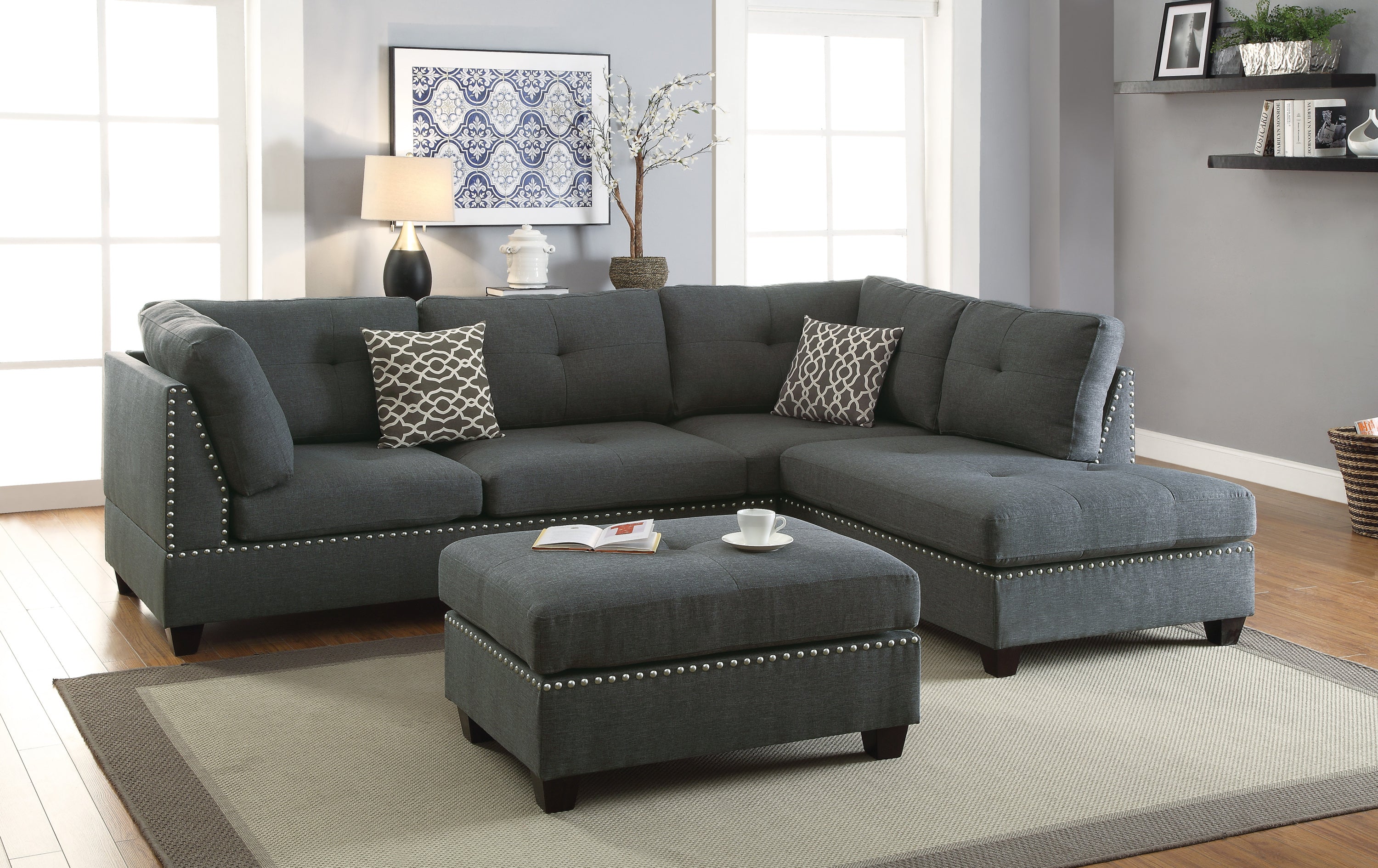 Blue Gray 3-Piece Sectional Sofa - Modern Living Room Furniture