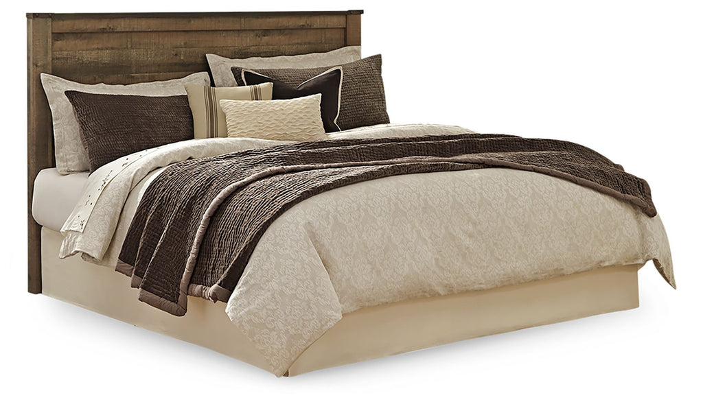 Dark brown upholstered panel headboard with straight top edge, for a bed frame.
