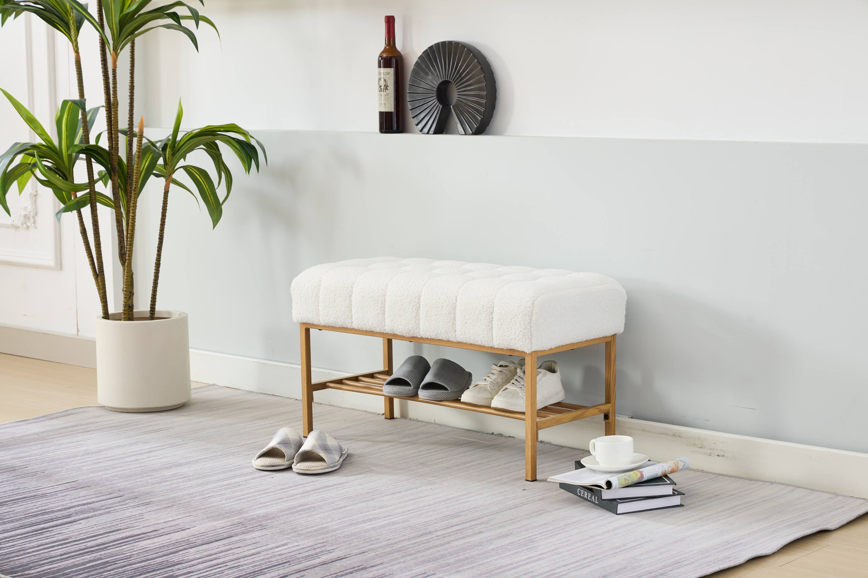 Upholstered Storage Bench with Shelf - Linen White