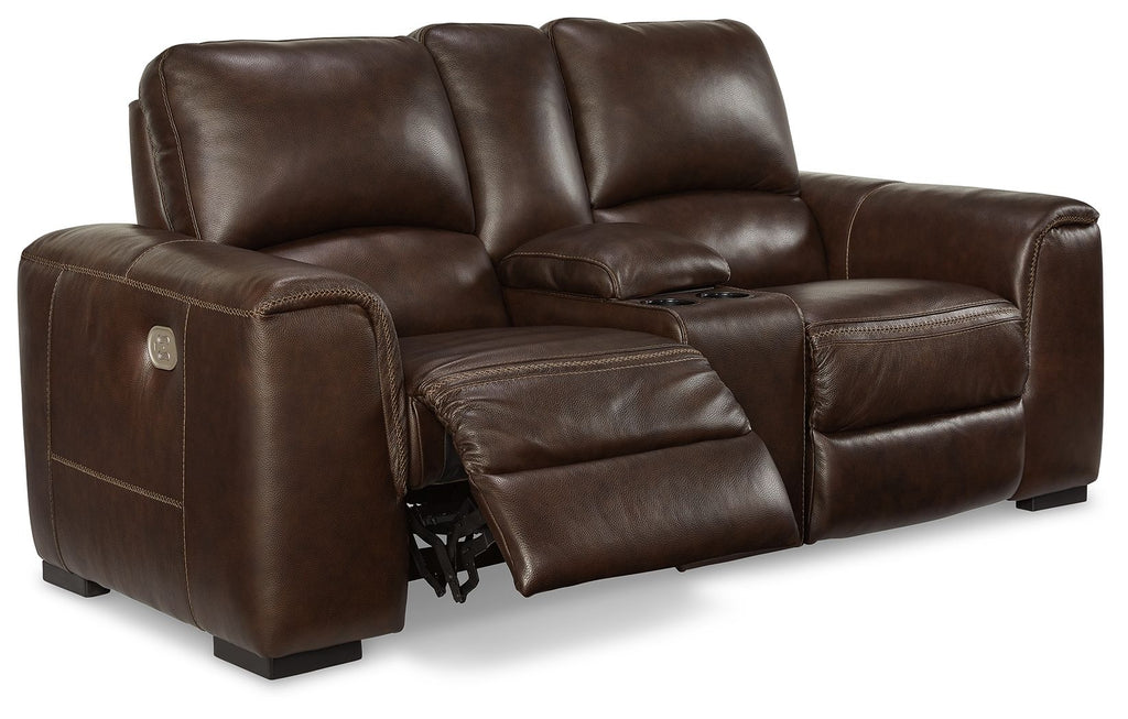 Brown leather loveseat with extended footrests, center console, and side recline view.