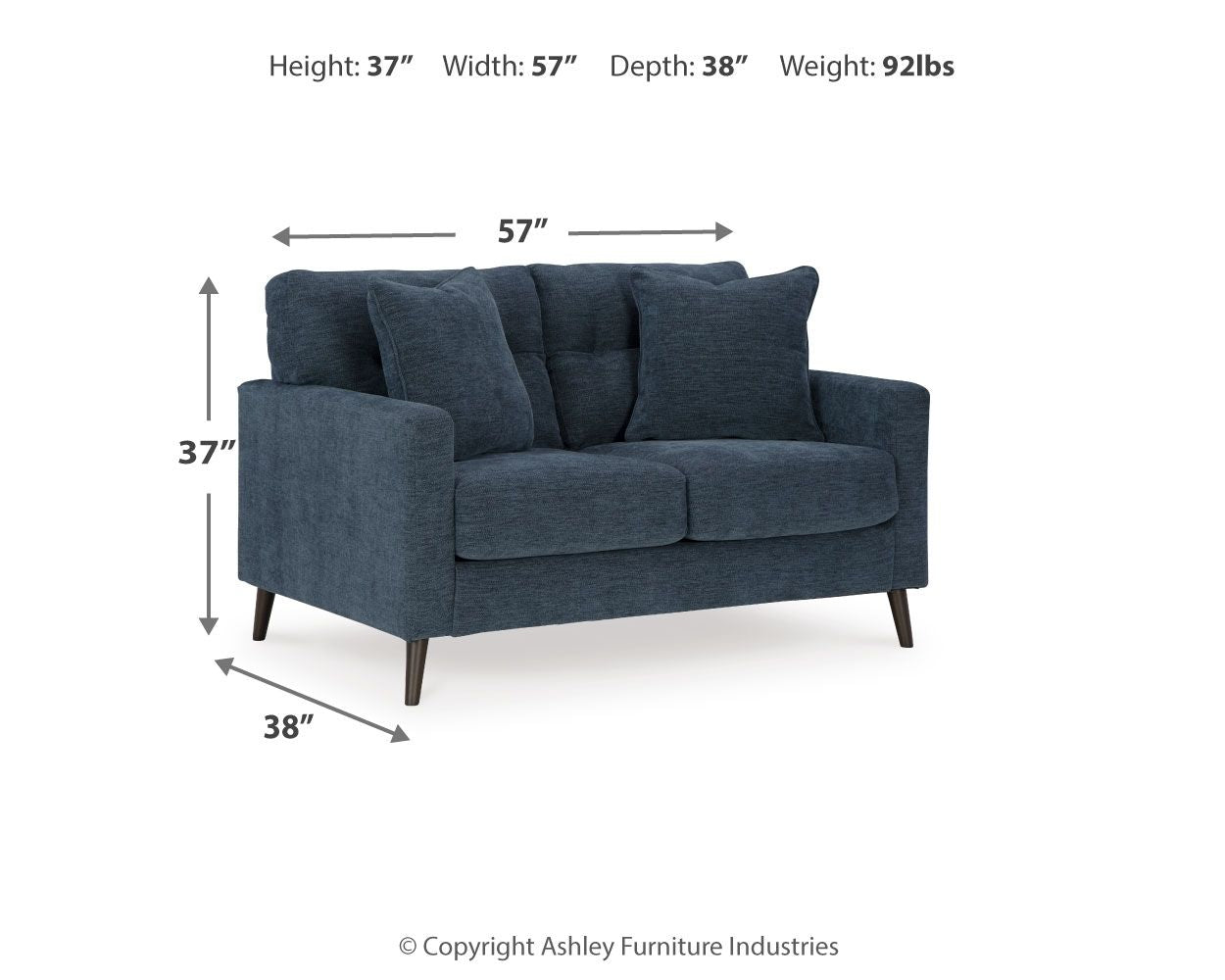 Blue loveseat diagram with height 37 in, width 57 in, depth 38 in dimensions.