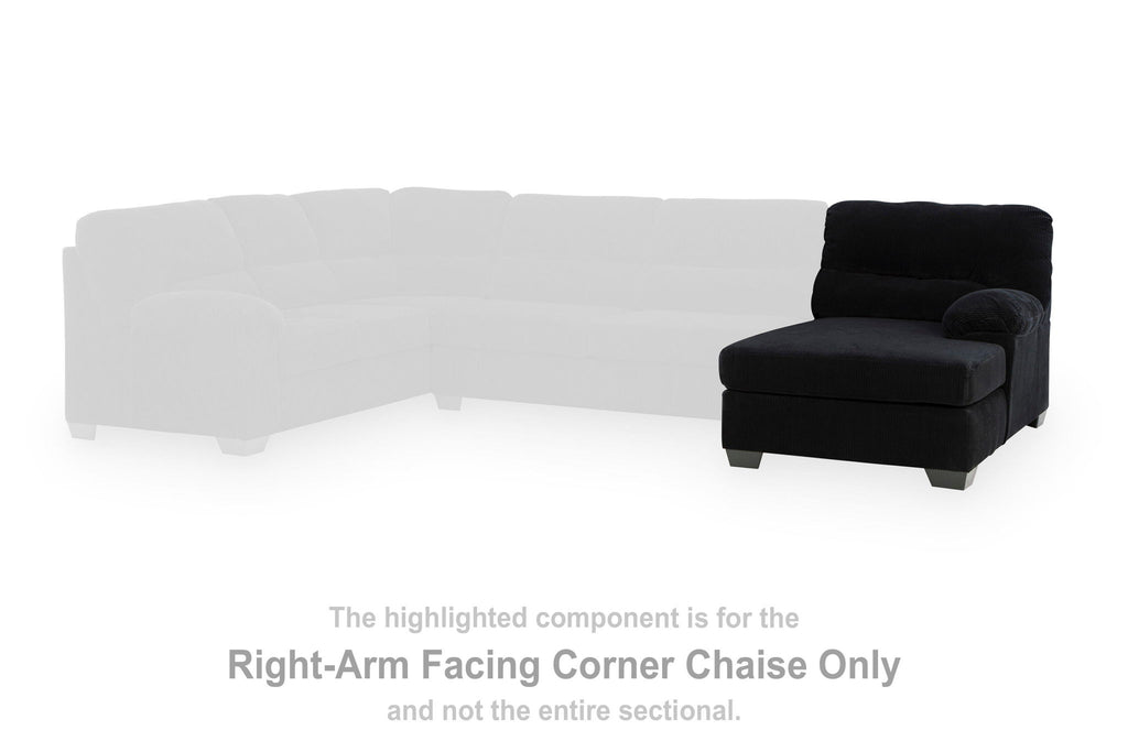Onyx black right-arm facing corner chaise section with deep seat and back cushion