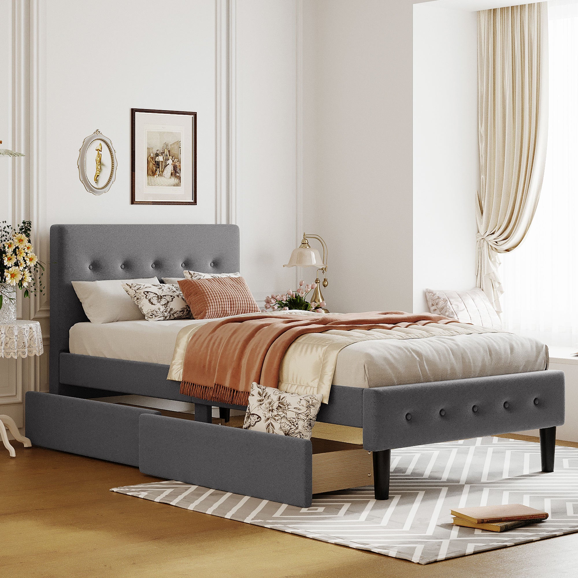 Luxurious Gray Twin Upholstered Platform Bed with 2 Storage Drawers