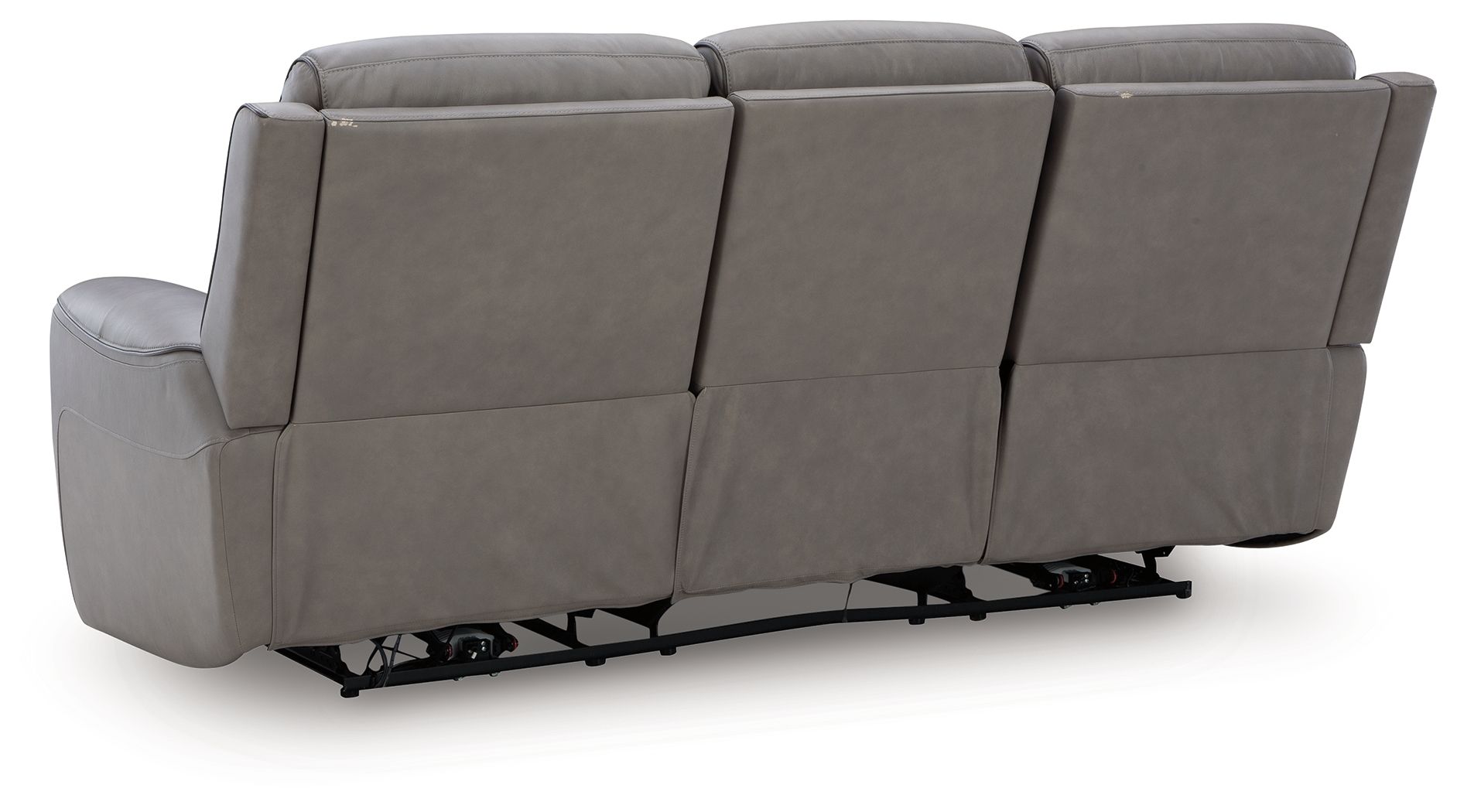 Power reclining sofa with adjustable headrests, light gray upholstery, recline mechanisms visible