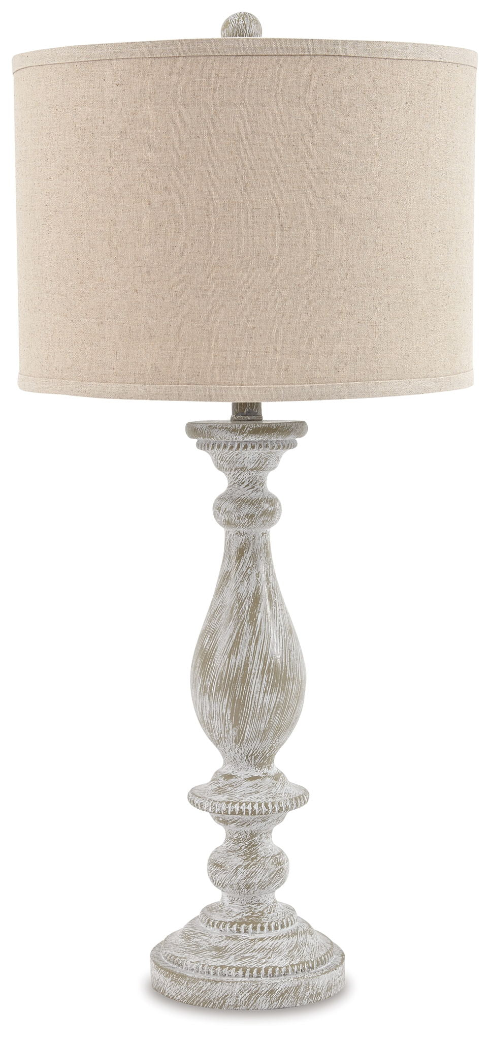 Poly table lamp with beige drum shade and whitewashed pedestal base