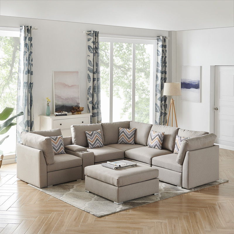 Amira - Fabric Reversible Sectional Sofa With USB Console And Ottoman