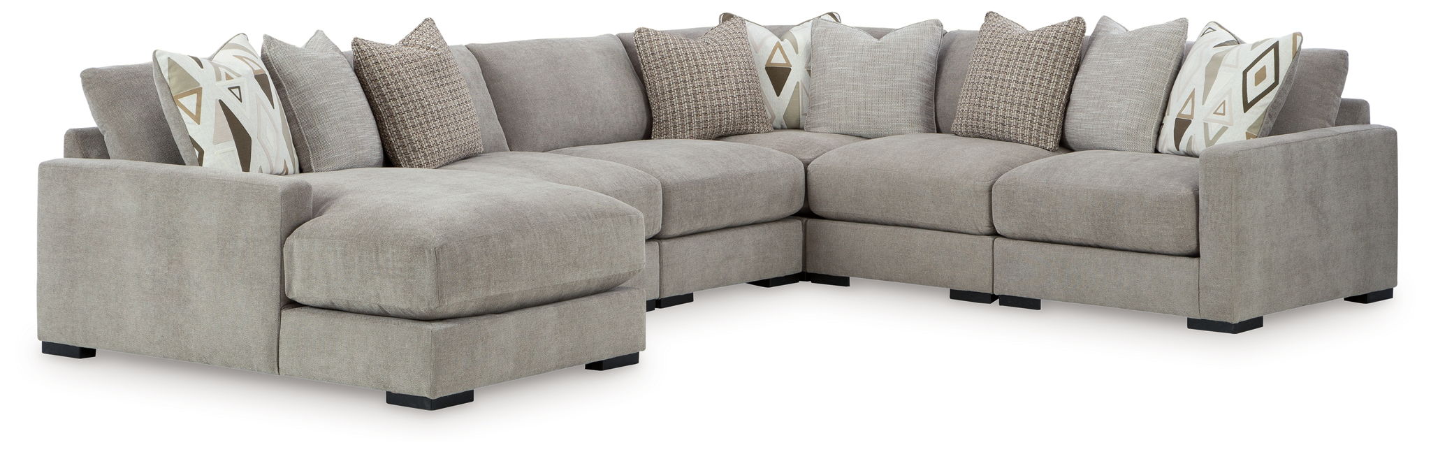 Light gray corner sectional sofa with multiple seats and geometric accent pillows