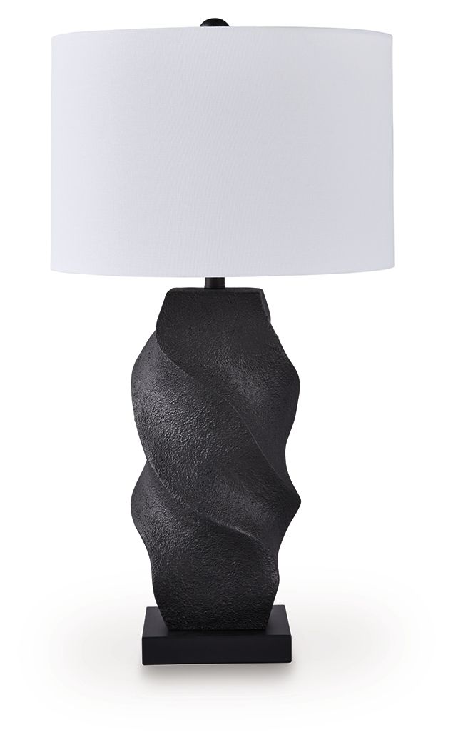 Black poly table lamp with white drum shade and textured sculpted base