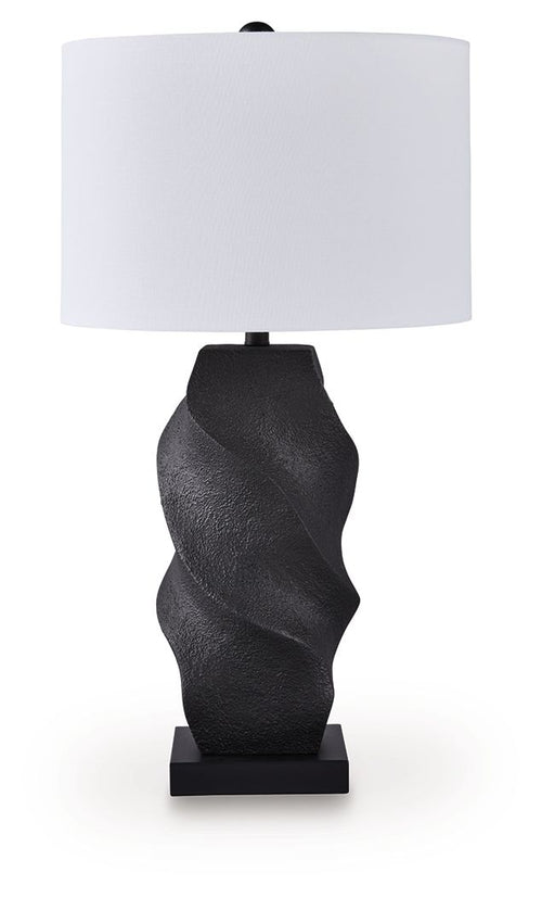 Black poly table lamp with white drum shade and textured sculpted base