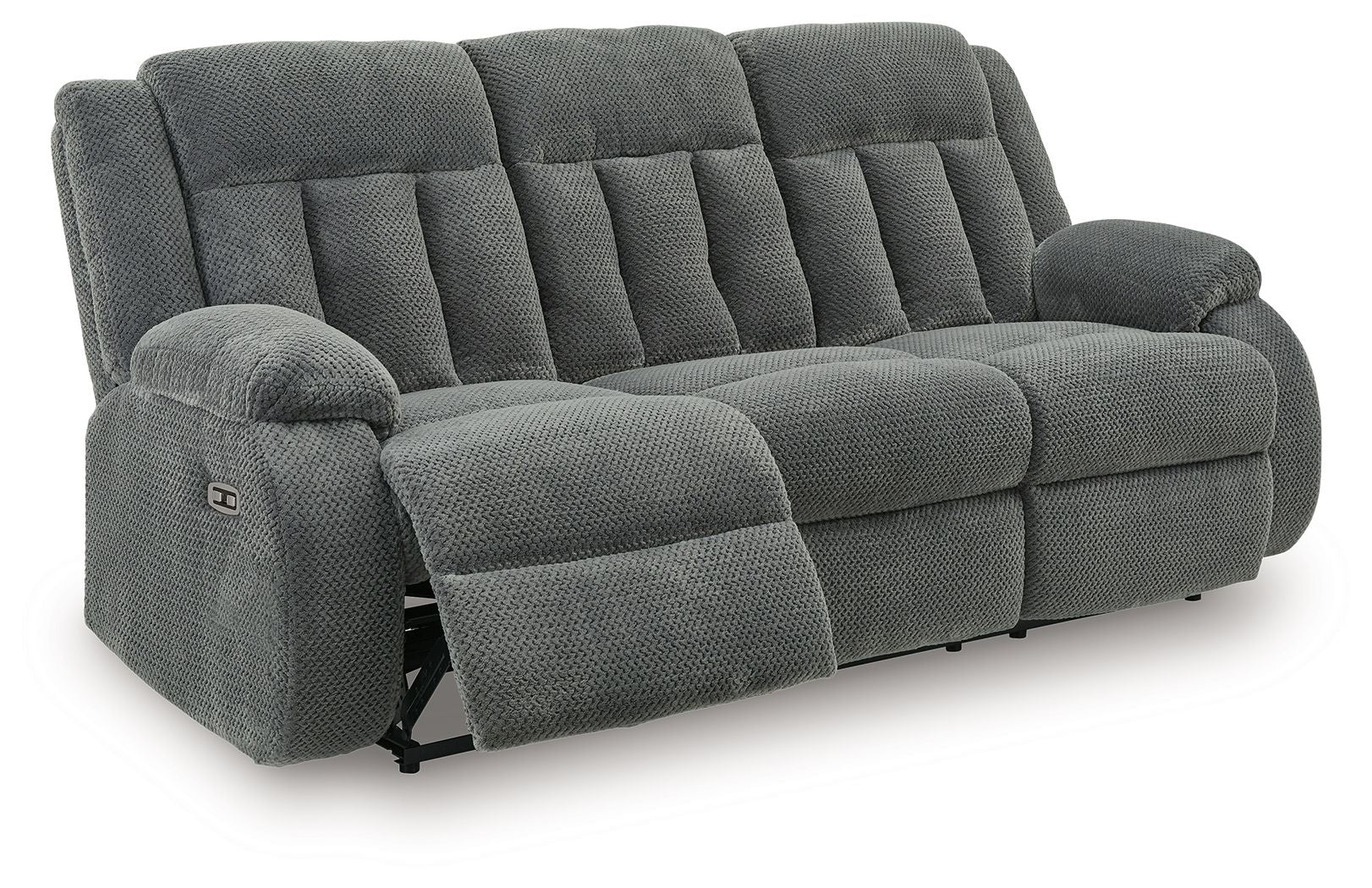Reclining power sofa, dark gray fabric, reclined with extended footrest