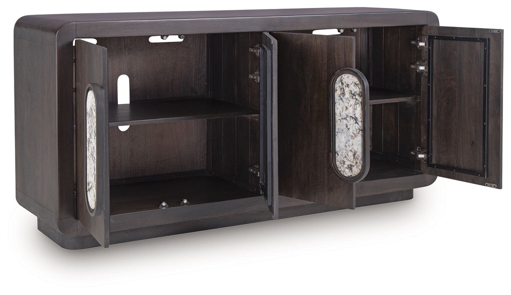 Espresso brown accent cabinet with open doors, oval glass inserts, and interior shelves