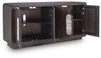 Espresso brown accent cabinet with open doors, oval glass inserts, and interior shelves