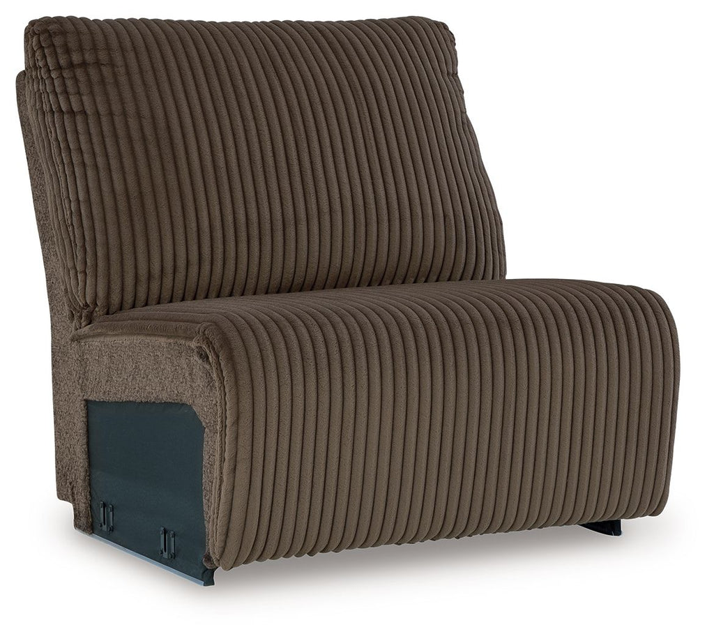 Chocolate-brown ribbed armless chair with textured back cushion and wide seat base.