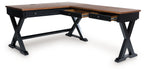 Brown home office desk with black frame and an open side drawer compartment