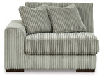 Fog gray corduroy corner chair with tufted seat front and three back pillows
