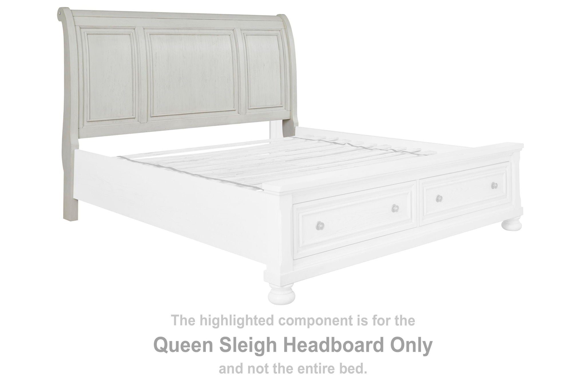 Antique white queen sleigh headboard with arched silhouette and vertical paneling, on bed