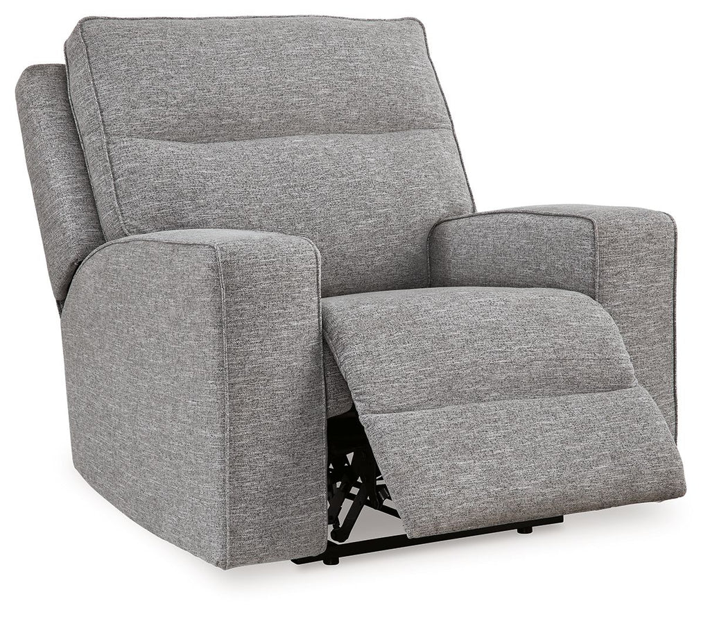 Pewter gray power recliner chair side view with adjustable headrest and armrests