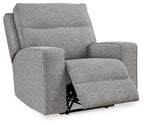 Pewter gray power recliner chair side view with adjustable headrest and armrests