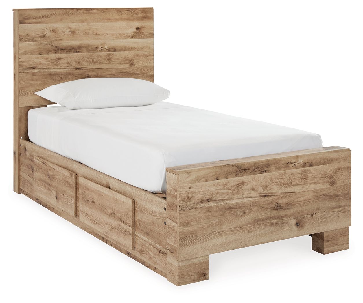 Storage bed frame with two drawers, light beige wood grain, with white mattress and pillow