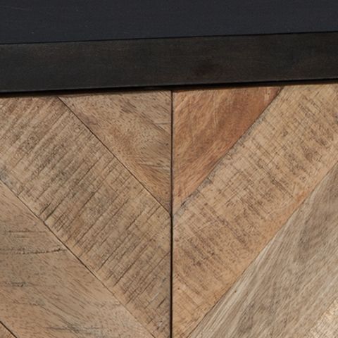 Wood accent cabinet doors with herringbone chevrons in brown and beige
