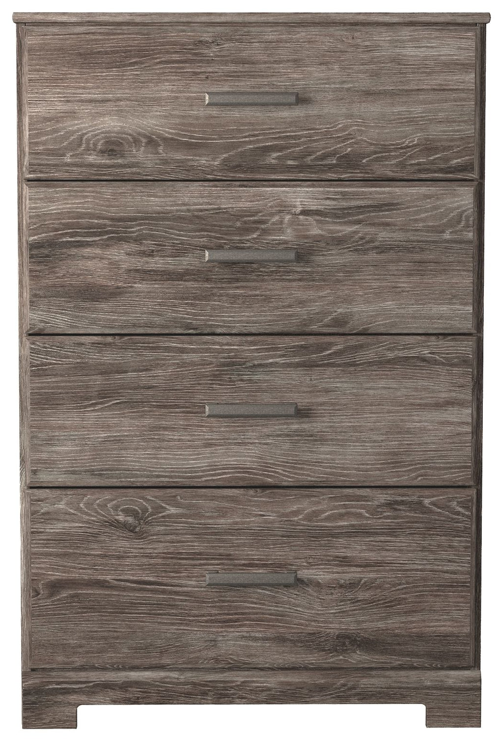Gray four-drawer chest with four drawers and brushed metal bar handles