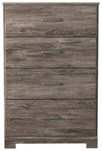 Gray four-drawer chest with four drawers and brushed metal bar handles