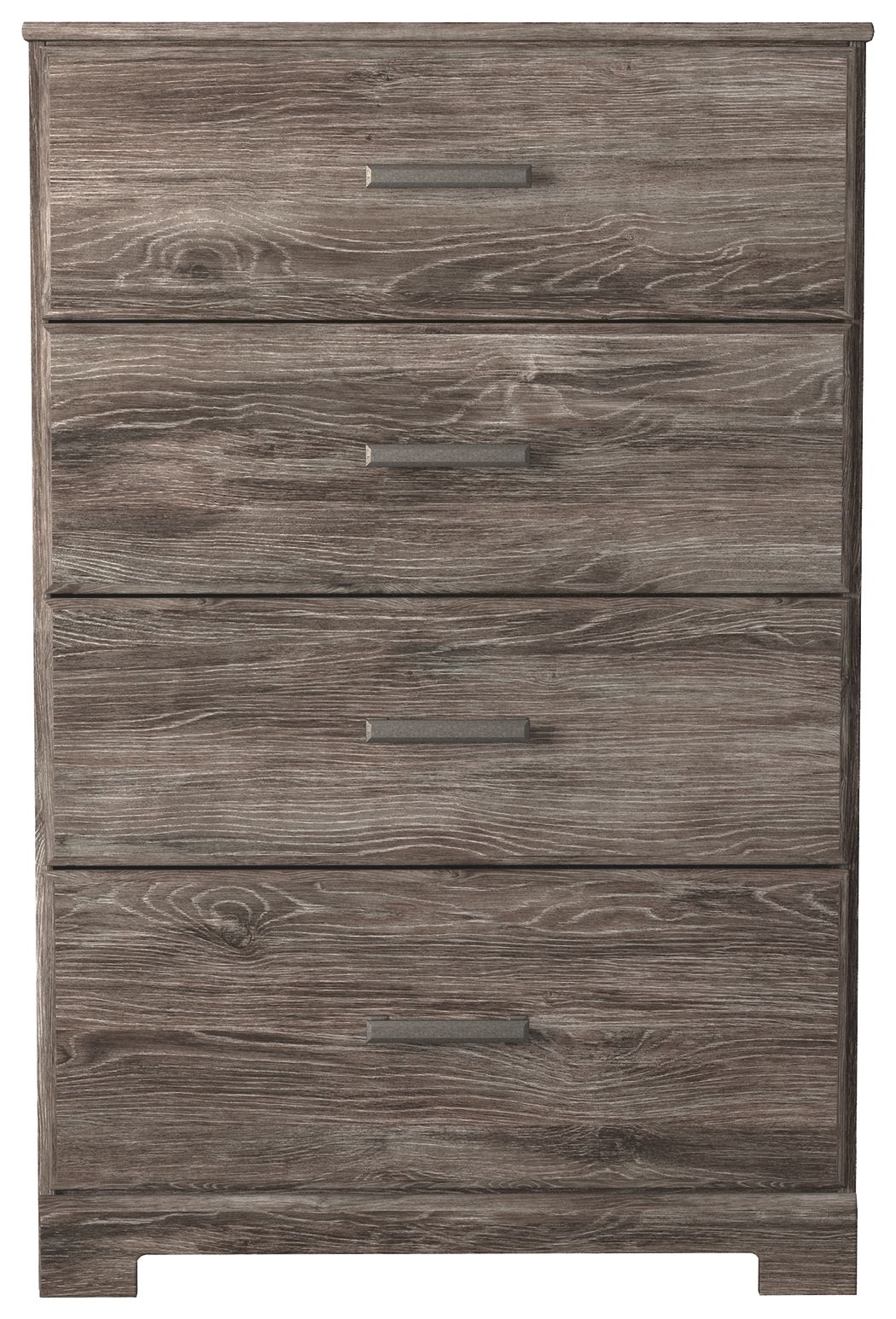 Gray four-drawer chest with four drawers and brushed metal bar handles