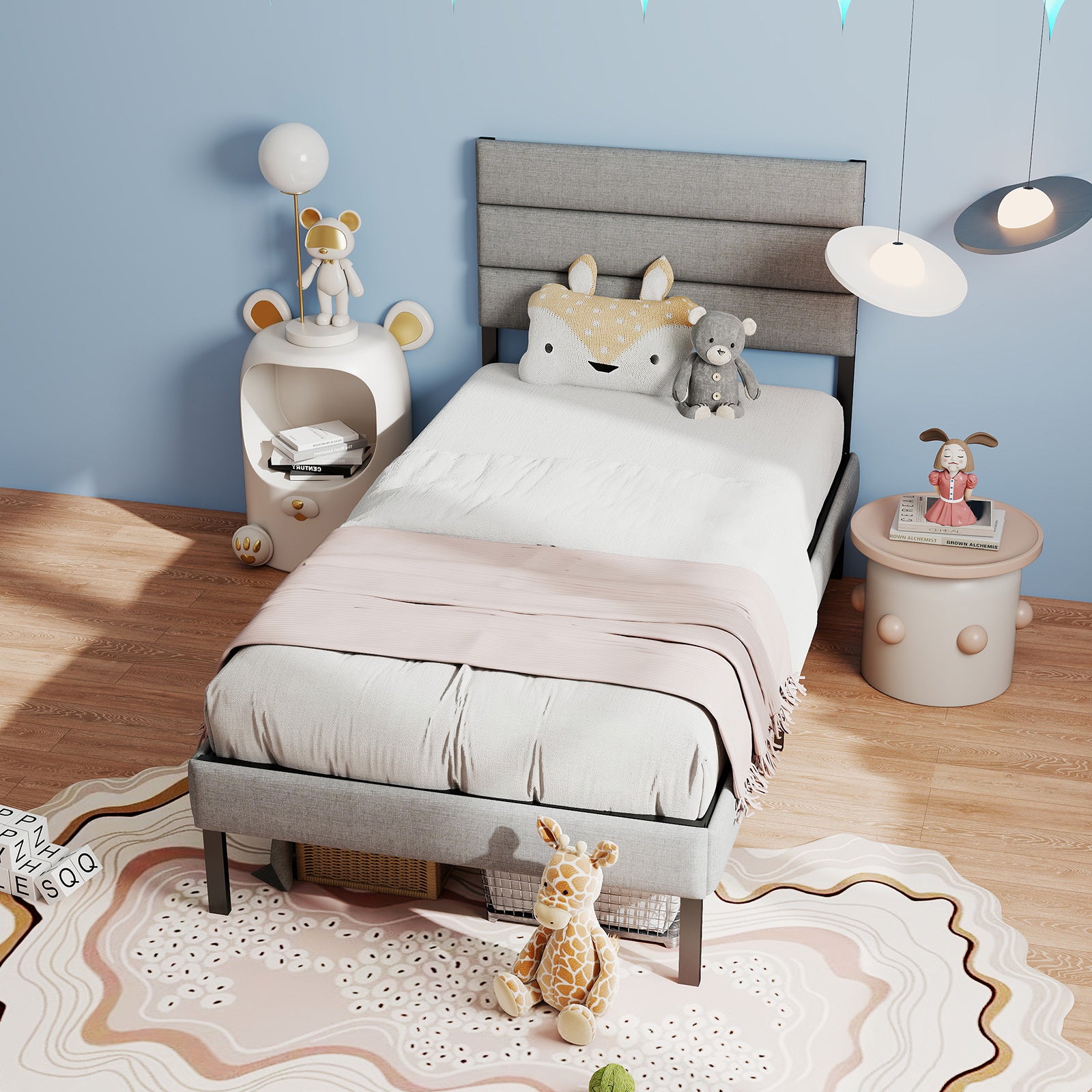 Twin Upholstered Bed Frame w/Headboard, 14'' Storage, No Box Spring