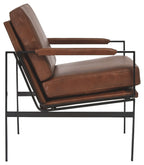 Brown leather-look accent chair with long arm supports and padded seat and back.