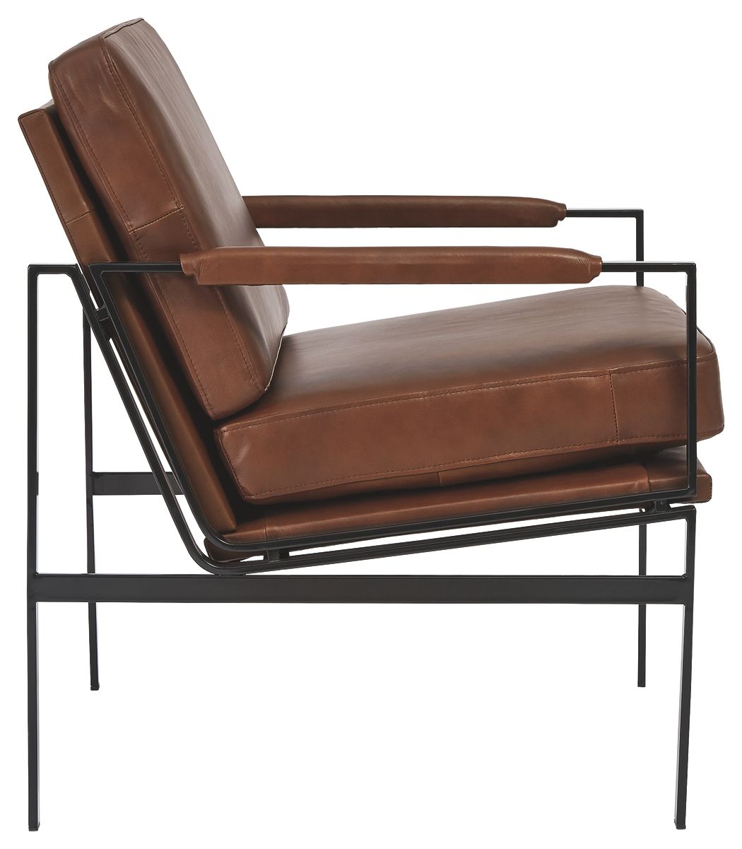 Brown leather-look accent chair with long arm supports and padded seat and back.