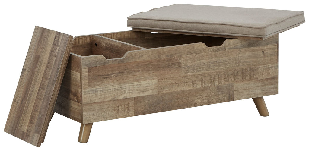 Light wood storage bench with open lift lid and beige top cushion, side view