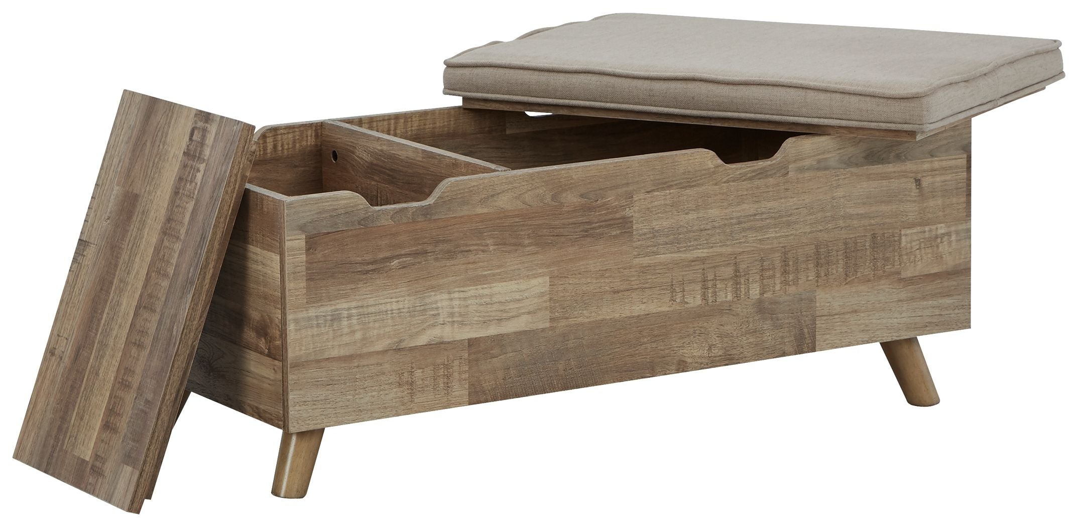 Light wood storage bench with open lift lid and beige top cushion, side view